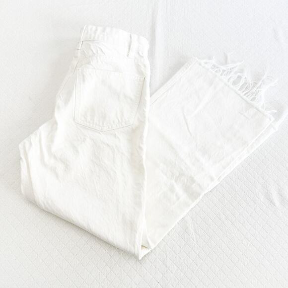 Zara White Denim High Rise Zip Fly Straight Leg Jeans Frayed Hem Size 0 - Picture 7 of 7